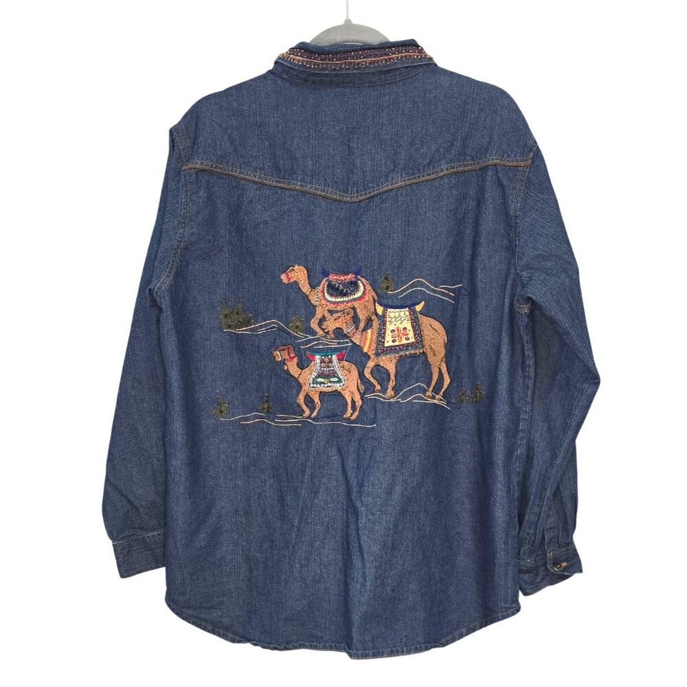 Chicos Vintage Denim Zip-Up Shirt Embroidered & Beaded Camel &Collar Boho READ